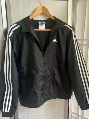 Adidas Black Hooded Windbreaker Jacket 3 Stripe Mesh Lined Full Zip Size M